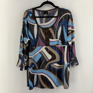Abstract Swirl Print 3/4 Sleeve Tunic Top Art Deco Womens 2X Statement Artsy
